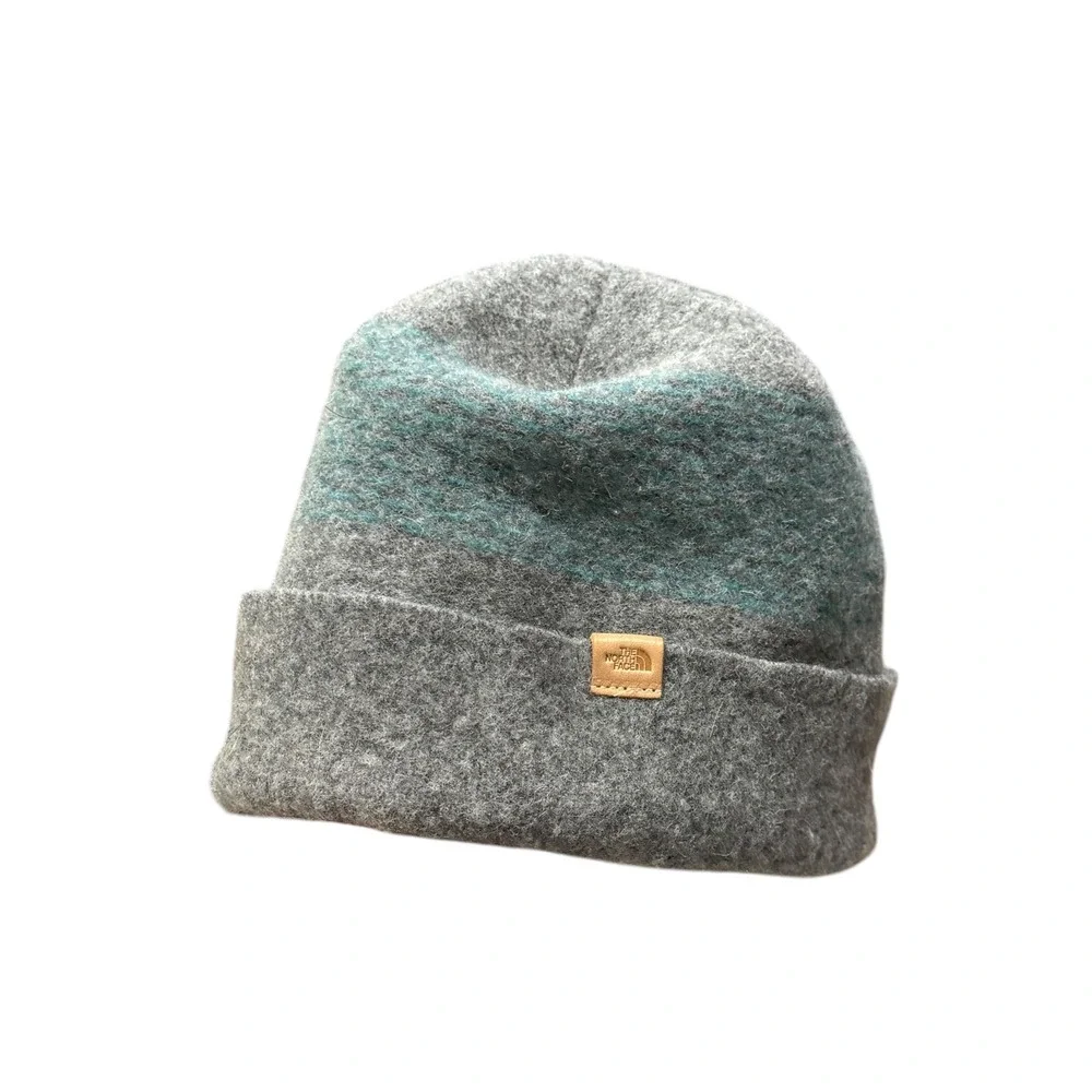 The North Face Wool Beanie Hat Gray Teal Stripe Unisex Ski Snowboard Outdoor Cap